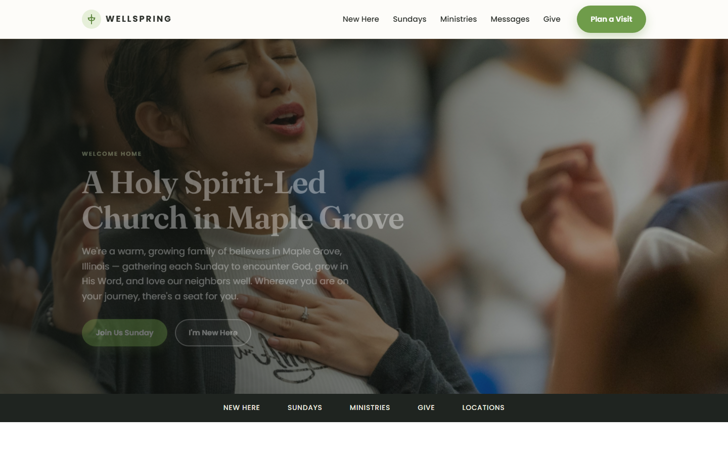 Wellspring Church website homepage, a Holy Spirit-led church in Maple Grove, with Join Us Sunday and I'm New Here buttons